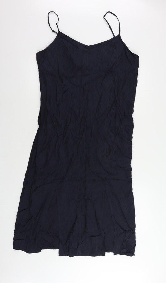 Marks and Spencer Womens Blue Geometric Viscose Slip Dress Size 14 V-Neck Zip