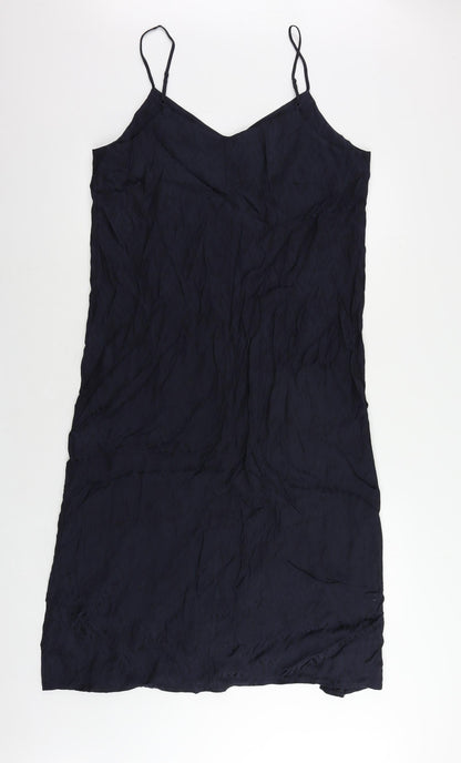 Marks and Spencer Womens Blue Geometric Viscose Slip Dress Size 14 V-Neck Zip