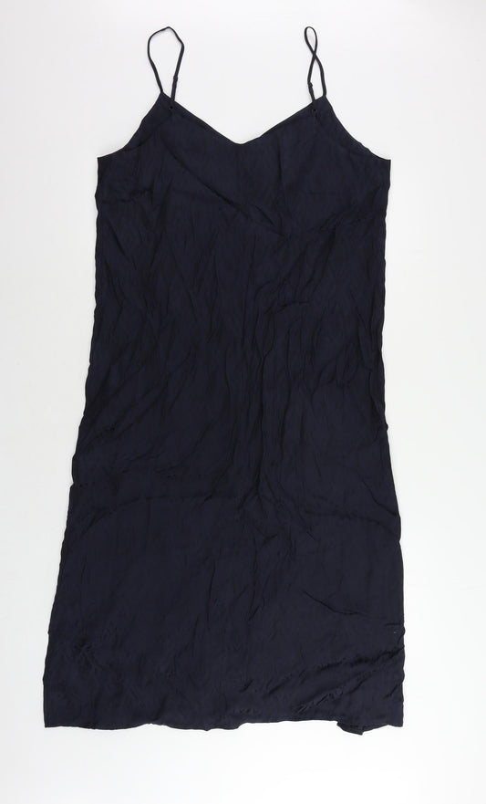 Marks and Spencer Womens Blue Geometric Viscose Slip Dress Size 14 V-Neck Zip