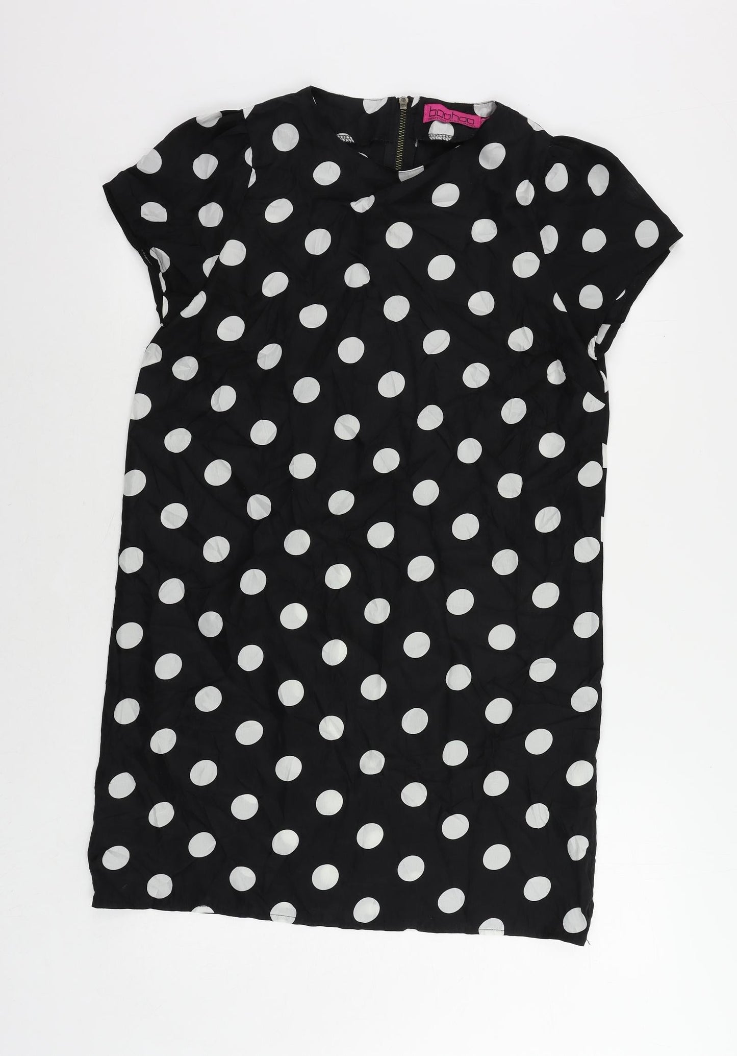 Boohoo Womens Black Polka Dot Polyester Shift Size 10 Round Neck Zip