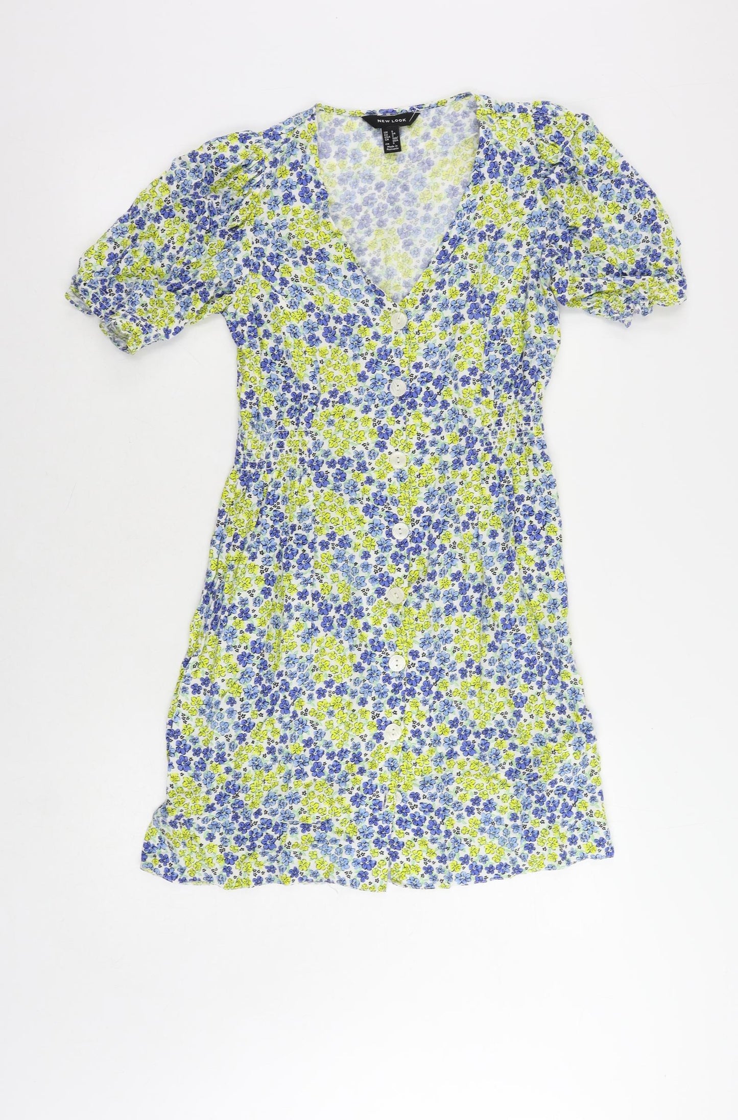 New Look Womens Blue Floral Viscose A-Line Size 6 V-Neck Button
