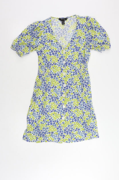 New Look Womens Blue Floral Viscose A-Line Size 6 V-Neck Button