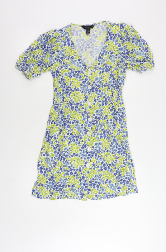 New Look Womens Blue Floral Viscose A-Line Size 6 V-Neck Button