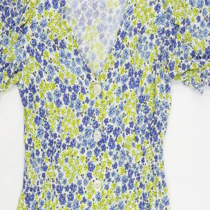 New Look Womens Blue Floral Viscose A-Line Size 6 V-Neck Button