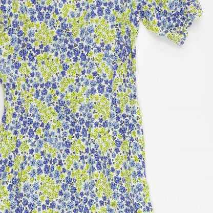New Look Womens Blue Floral Viscose A-Line Size 6 V-Neck Button
