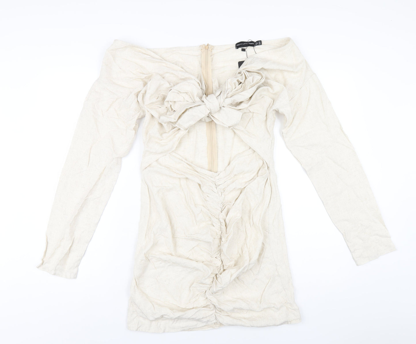 PRETTYLITTLETHING Womens Beige Viscose Mini Size 14 V-Neck Zip