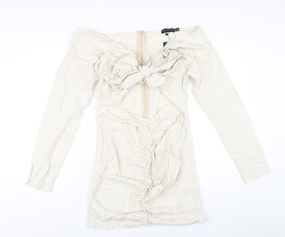 PRETTYLITTLETHING Womens Beige Viscose Mini Size 14 V-Neck Zip