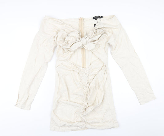 PRETTYLITTLETHING Womens Beige Viscose Mini Size 14 V-Neck Zip