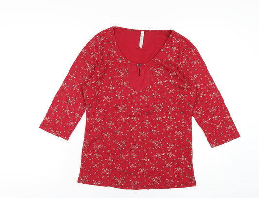 Bonmarché Womens Red Floral Polyester Basic T-Shirt Size S Scoop Neck