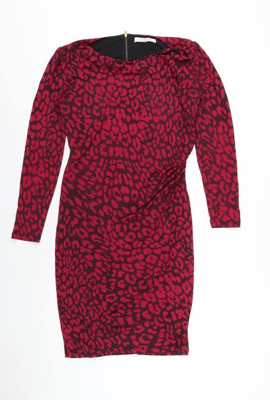 John Lewis Womens Pink Animal Print Wool Bodycon Size 14 Cowl Neck Zip