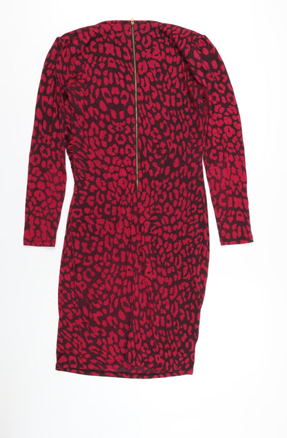 John Lewis Womens Pink Animal Print Wool Bodycon Size 14 Cowl Neck Zip