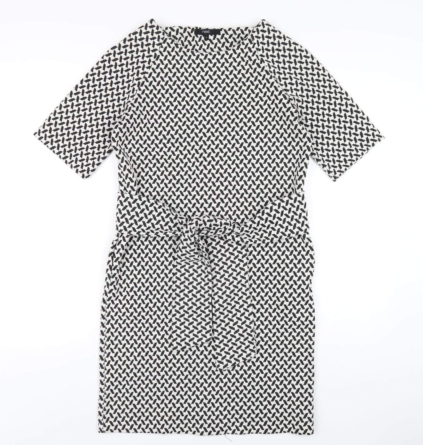 NEXT Womens Black Geometric Polyester A-Line Size 8 Round Neck Zip