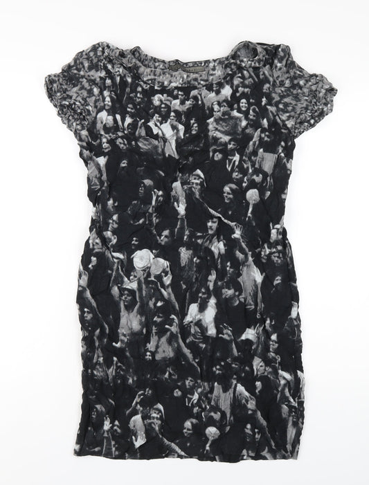 Zara Womens Black Geometric Viscose T-Shirt Dress Size M Boat Neck Pullover