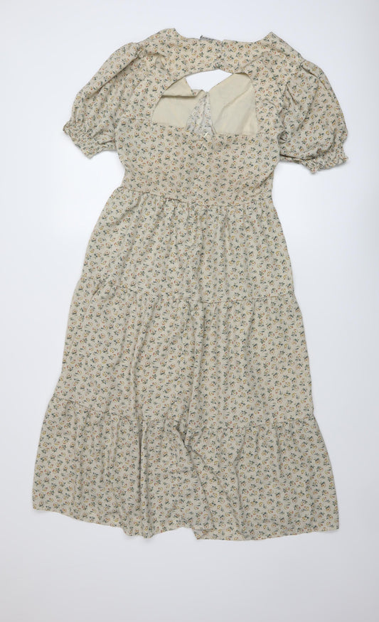 Daisy Street Womens Beige Floral Polyester A-Line Size 12 V-Neck Zip