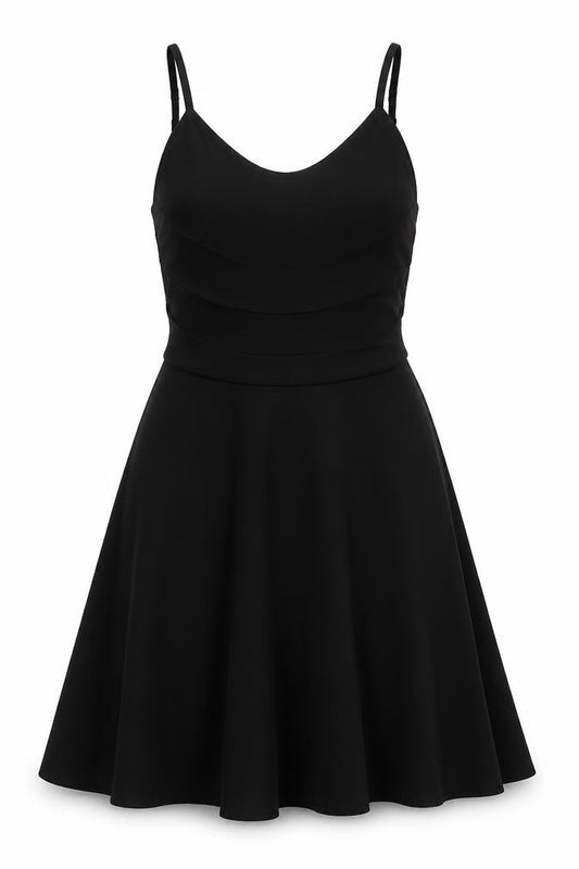 Front view of Miss Selfridge women’s black polyester skater dress, size UK 6, round neck pullover