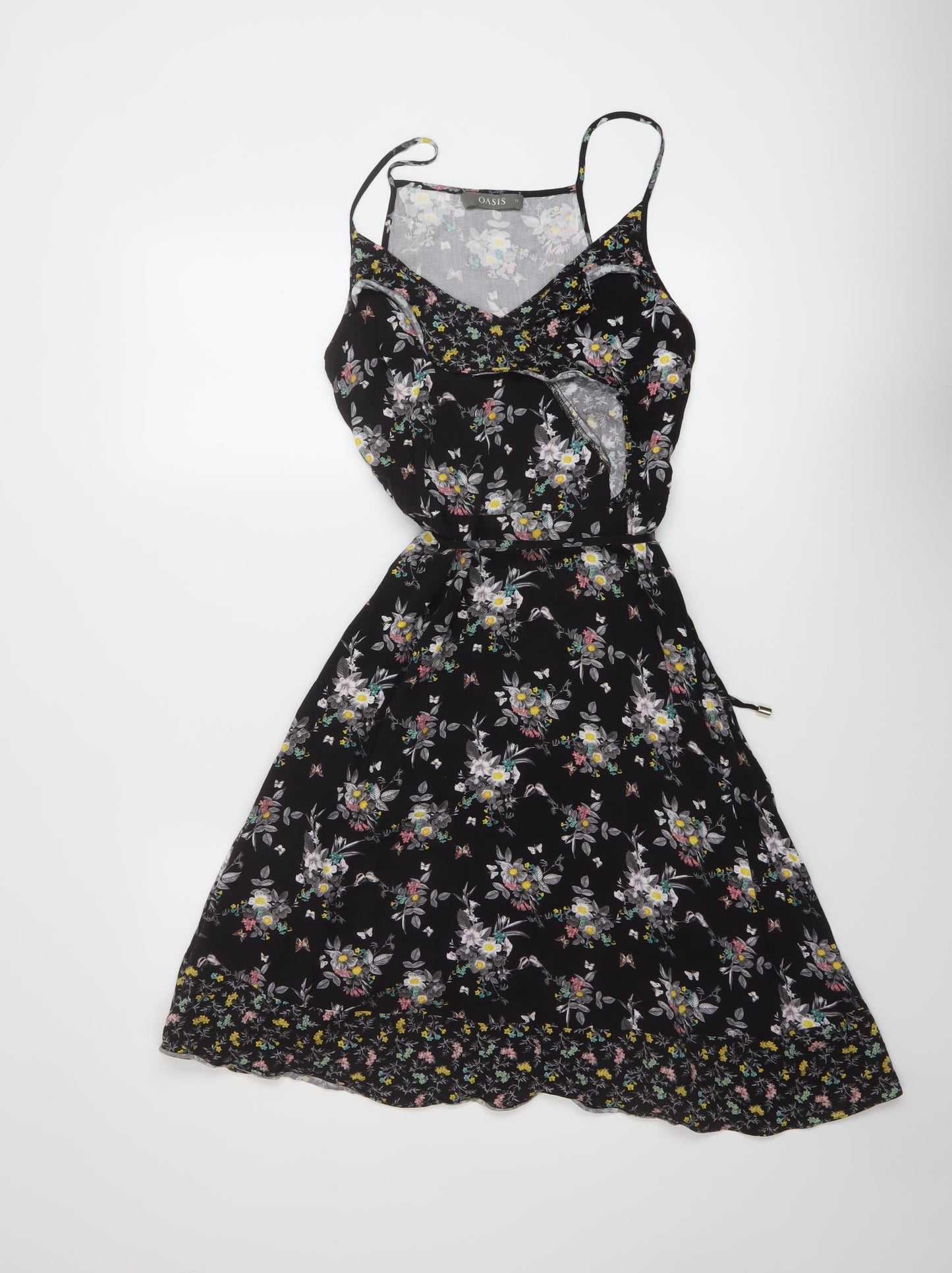 Oasis Womens Black Floral Viscose A-Line Size 12 V-Neck Pullover