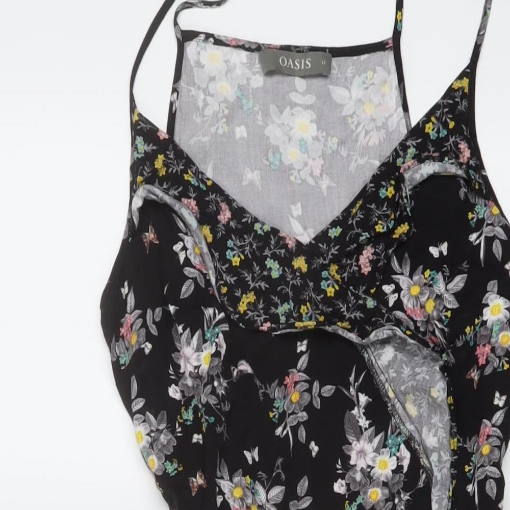 Oasis Womens Black Floral Viscose A-Line Size 12 V-Neck Pullover