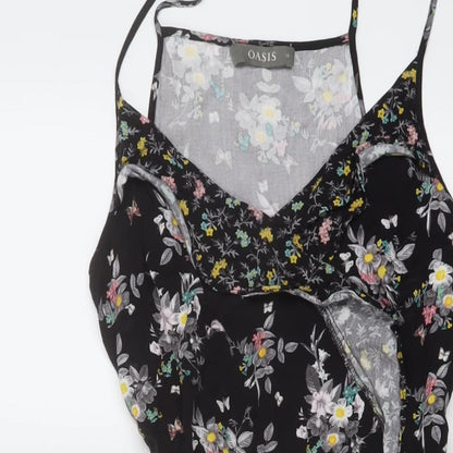 Oasis Womens Black Floral Viscose A-Line Size 12 V-Neck Pullover