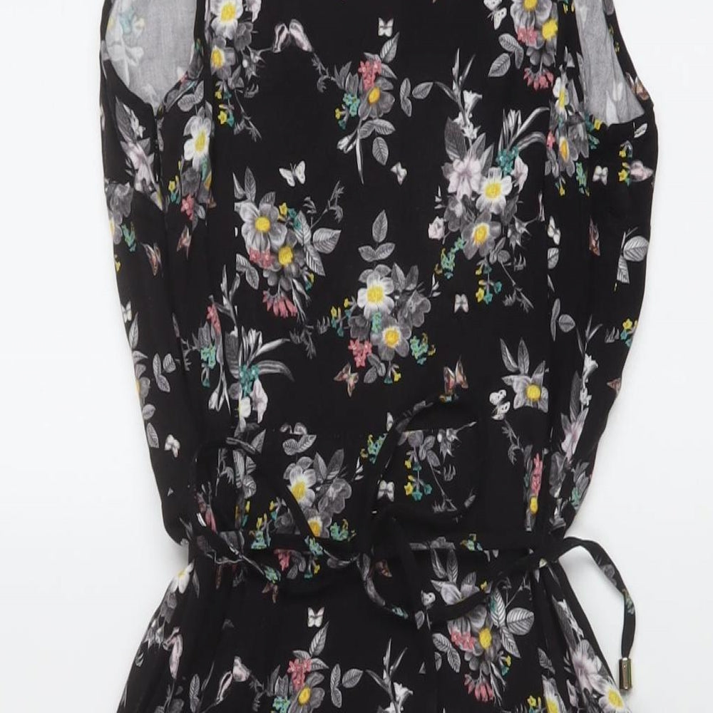Oasis Womens Black Floral Viscose A-Line Size 12 V-Neck Pullover