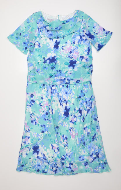 Emma Blake Womens Blue Floral Polyester A-Line Size 12 Cowl Neck Button