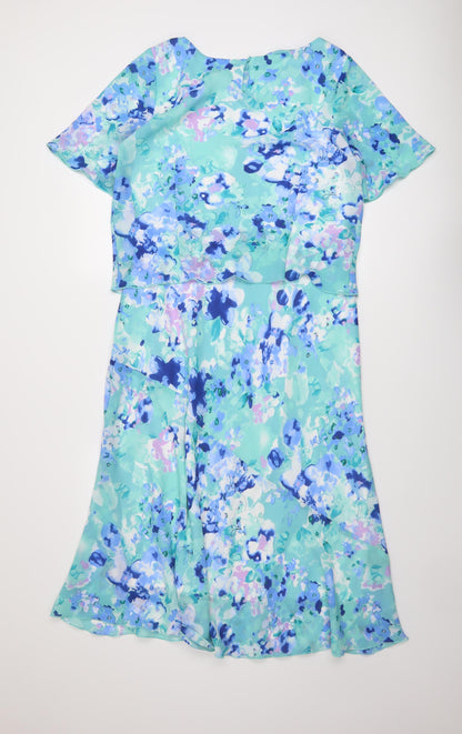 Emma Blake Womens Blue Floral Polyester A-Line Size 12 Cowl Neck Button