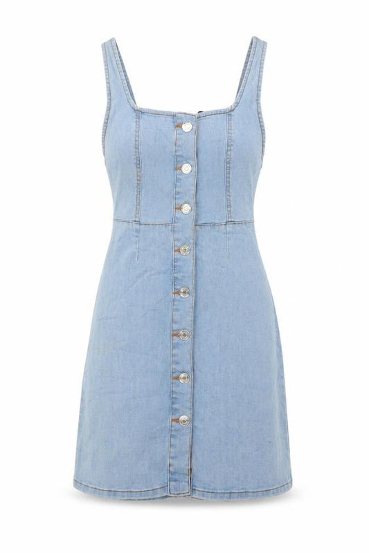 Front view of Denim & Co. women’s blue cotton a-line, size UK 6, round neck button