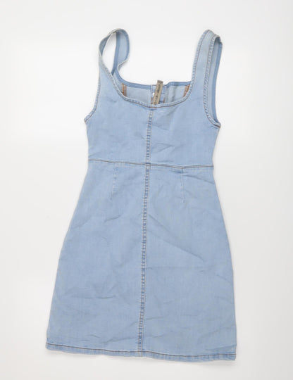 Denim & Co. Womens Blue Cotton A-Line Size 6 Round Neck Button