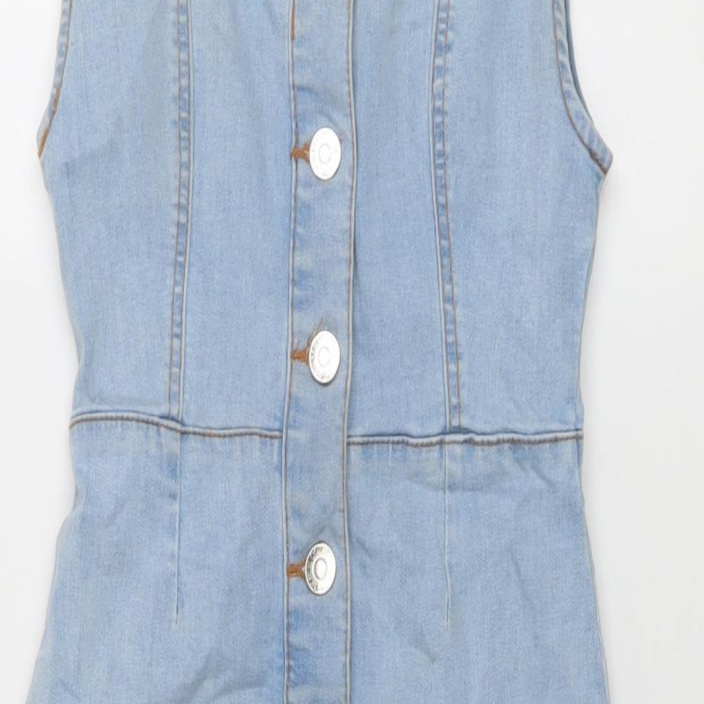 Denim & Co. Womens Blue Cotton A-Line Size 6 Round Neck Button