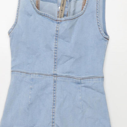 Denim & Co. Womens Blue Cotton A-Line Size 6 Round Neck Button