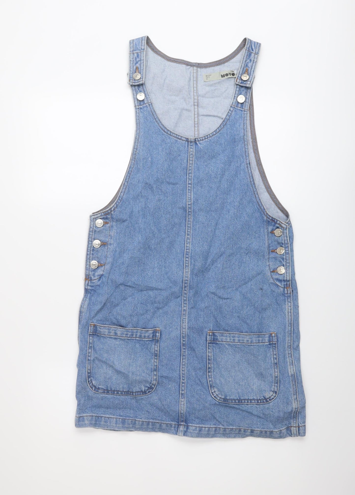 Topshop Womens Blue Cotton Pinafore/Dungaree Dress Size 6 Round Neck Button