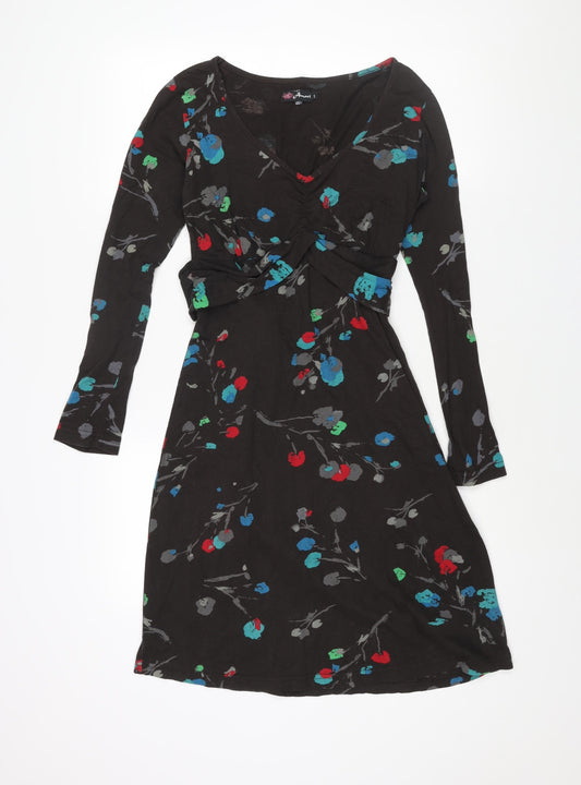 Amari Womens Brown Floral Cotton Shift Size 6 V-Neck Pullover - Belted