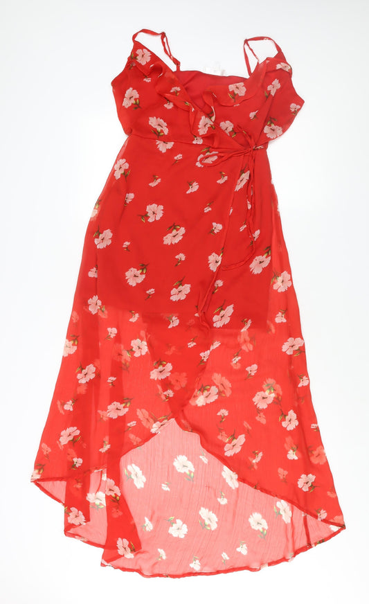 Missguided Womens Red Floral Polyester Wrap Dress Size 10 V-Neck Button - Semi Sheer Frill