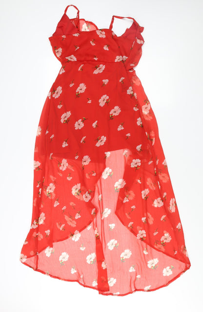 Missguided Womens Red Floral Polyester Wrap Dress Size 10 V-Neck Button - Semi Sheer Frill