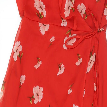 Missguided Womens Red Floral Polyester Wrap Dress Size 10 V-Neck Button - Semi Sheer Frill