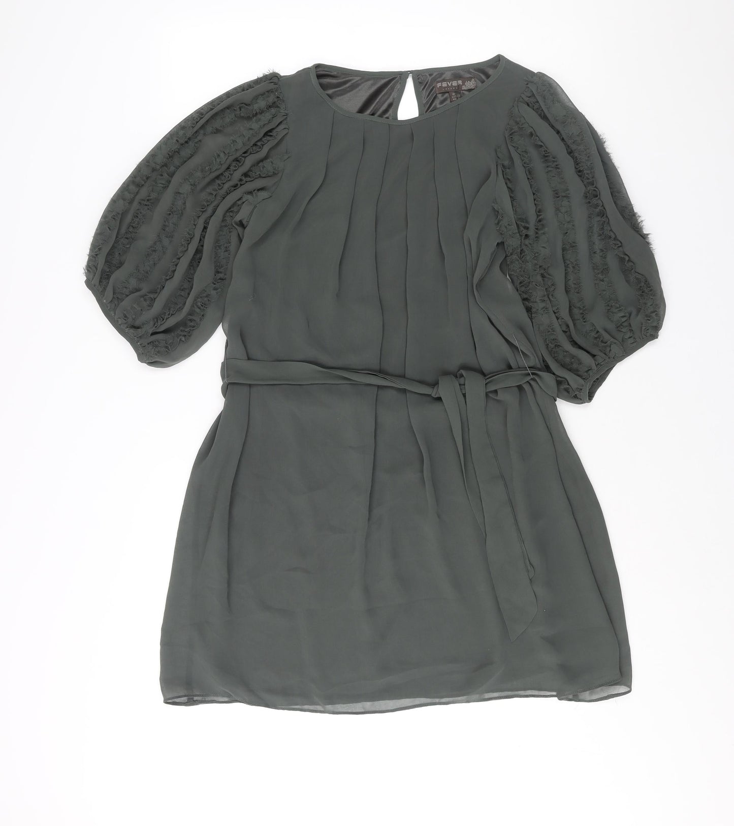 Fever Womens Green Polyester Shift Size 12 Round Neck Button - Frill Sleeve Belted