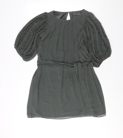 Fever Womens Green Polyester Shift Size 12 Round Neck Button - Frill Sleeve Belted