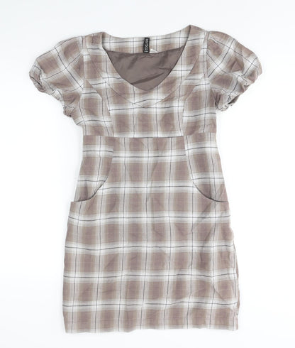 Divided by H&M Womens Brown Check Cotton Mini Size 8 V-Neck Zip