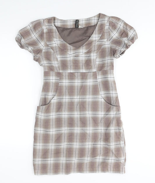 Divided by H&M Womens Brown Check Cotton Mini Size 8 V-Neck Zip