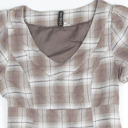 Divided by H&M Womens Brown Check Cotton Mini Size 8 V-Neck Zip