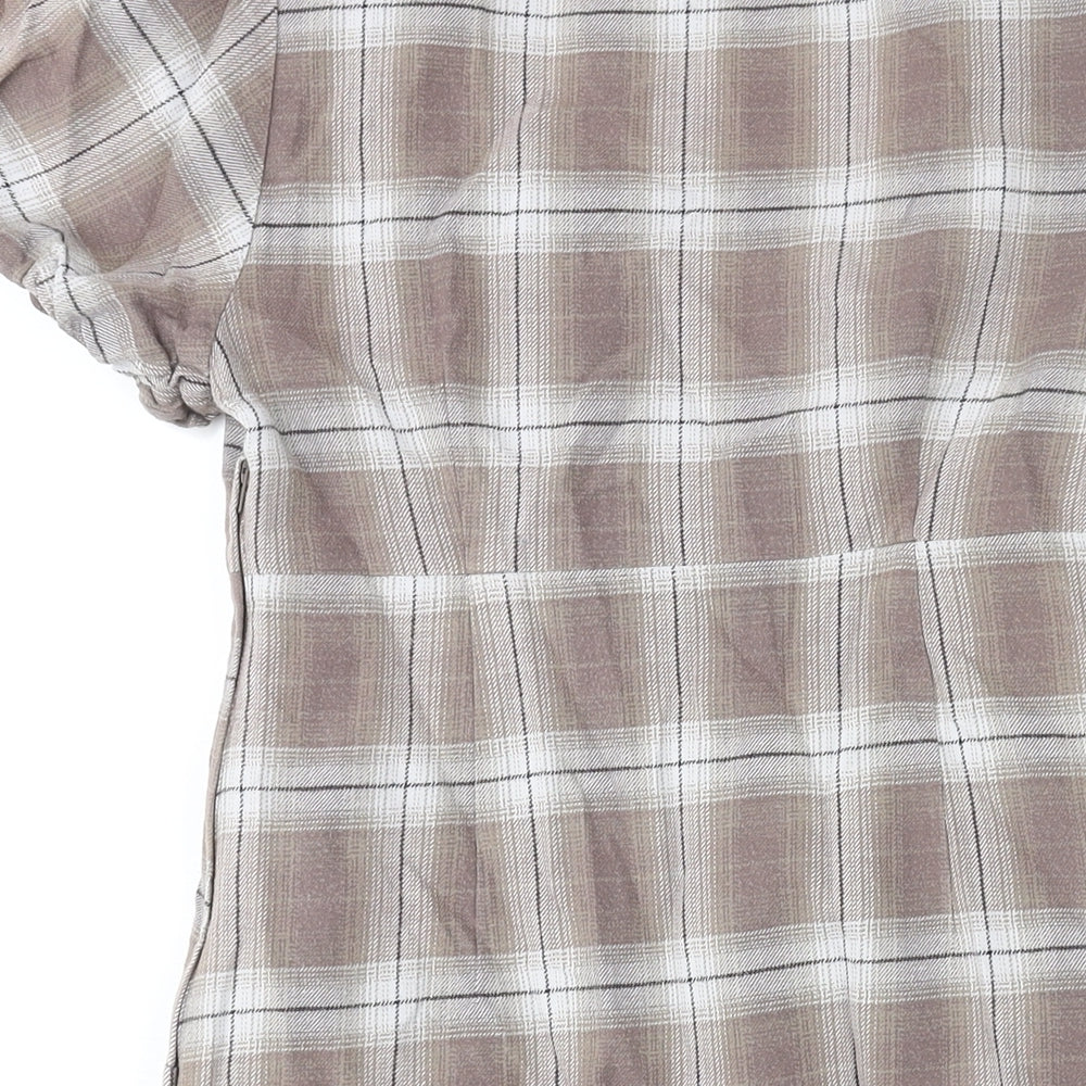 Divided by H&M Womens Brown Check Cotton Mini Size 8 V-Neck Zip
