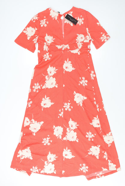 New Look Womens Red Floral Polyester A-Line Size 10 Round Neck Button