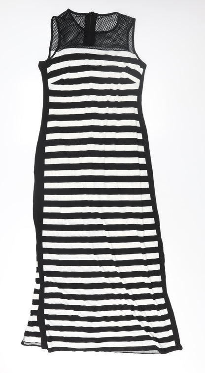 Roman Womens Black Striped Polyester Maxi Size 10 Round Neck Zip - Fishnet Detail