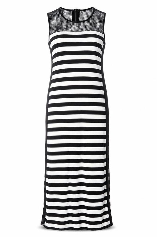 Front view of Roman women’s black striped polyester maxi, size UK 10, round neck zip - fishnet detail