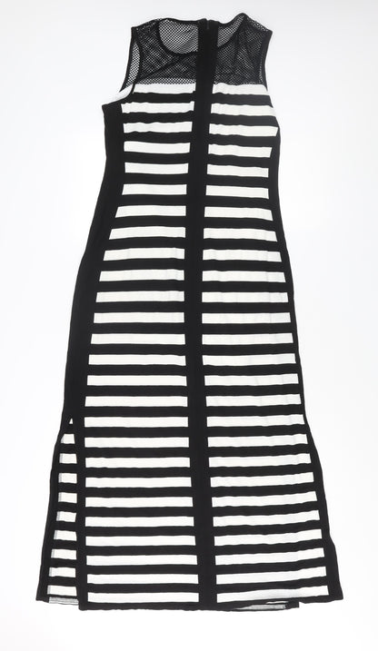 Roman Womens Black Striped Polyester Maxi Size 10 Round Neck Zip - Fishnet Detail