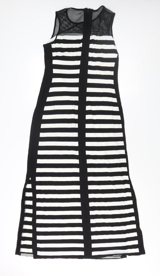 Roman Womens Black Striped Polyester Maxi Size 10 Round Neck Zip - Fishnet Detail