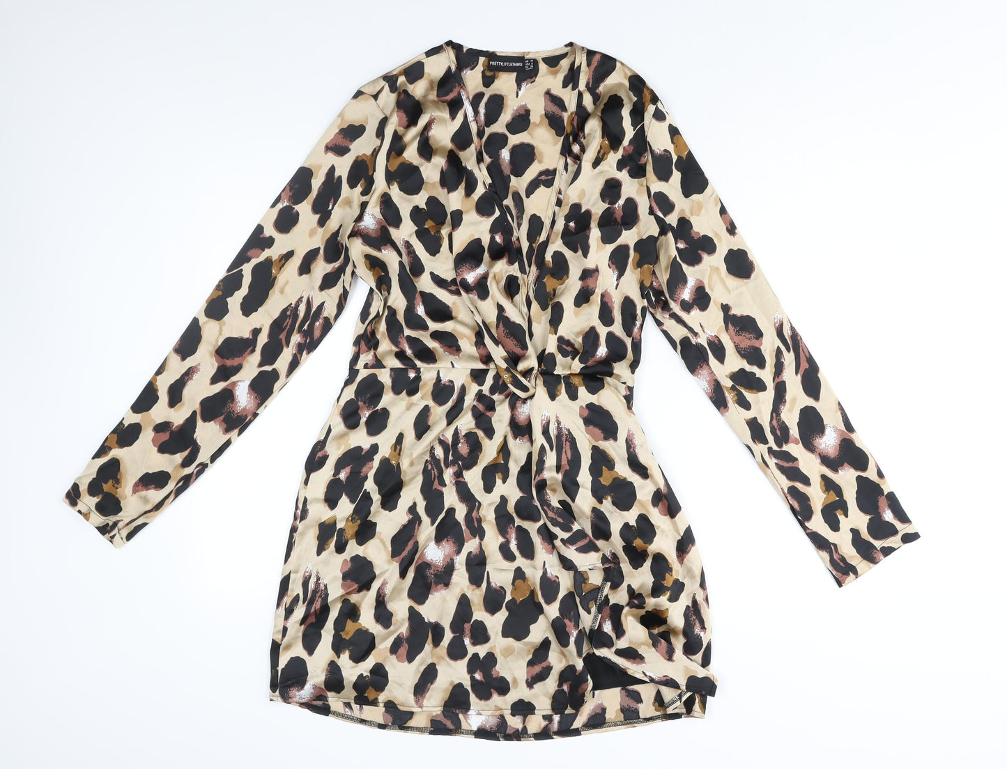 PRETTYLITTLETHING Womens Beige Animal Print Polyester Shift Size 10 V-Neck Zip - Leopard Print