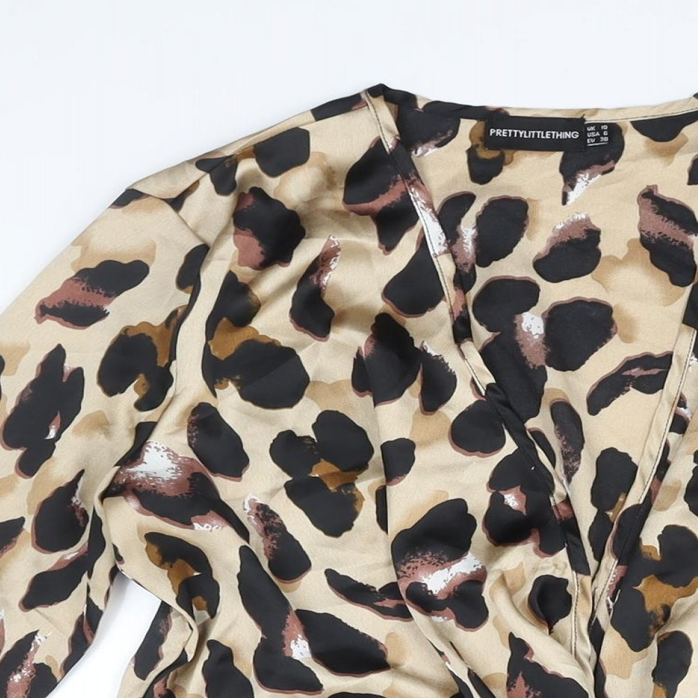 PRETTYLITTLETHING Womens Beige Animal Print Polyester Shift Size 10 V-Neck Zip - Leopard Print