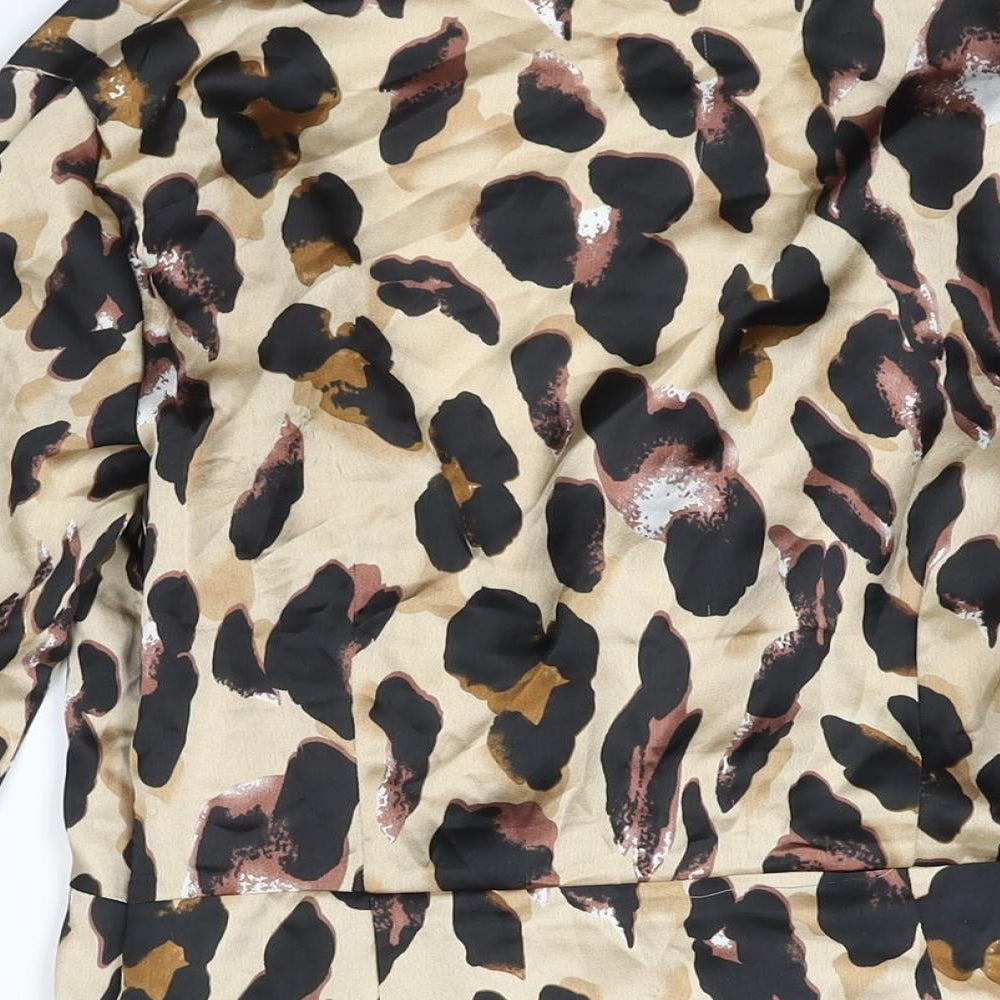 PRETTYLITTLETHING Womens Beige Animal Print Polyester Shift Size 10 V-Neck Zip - Leopard Print