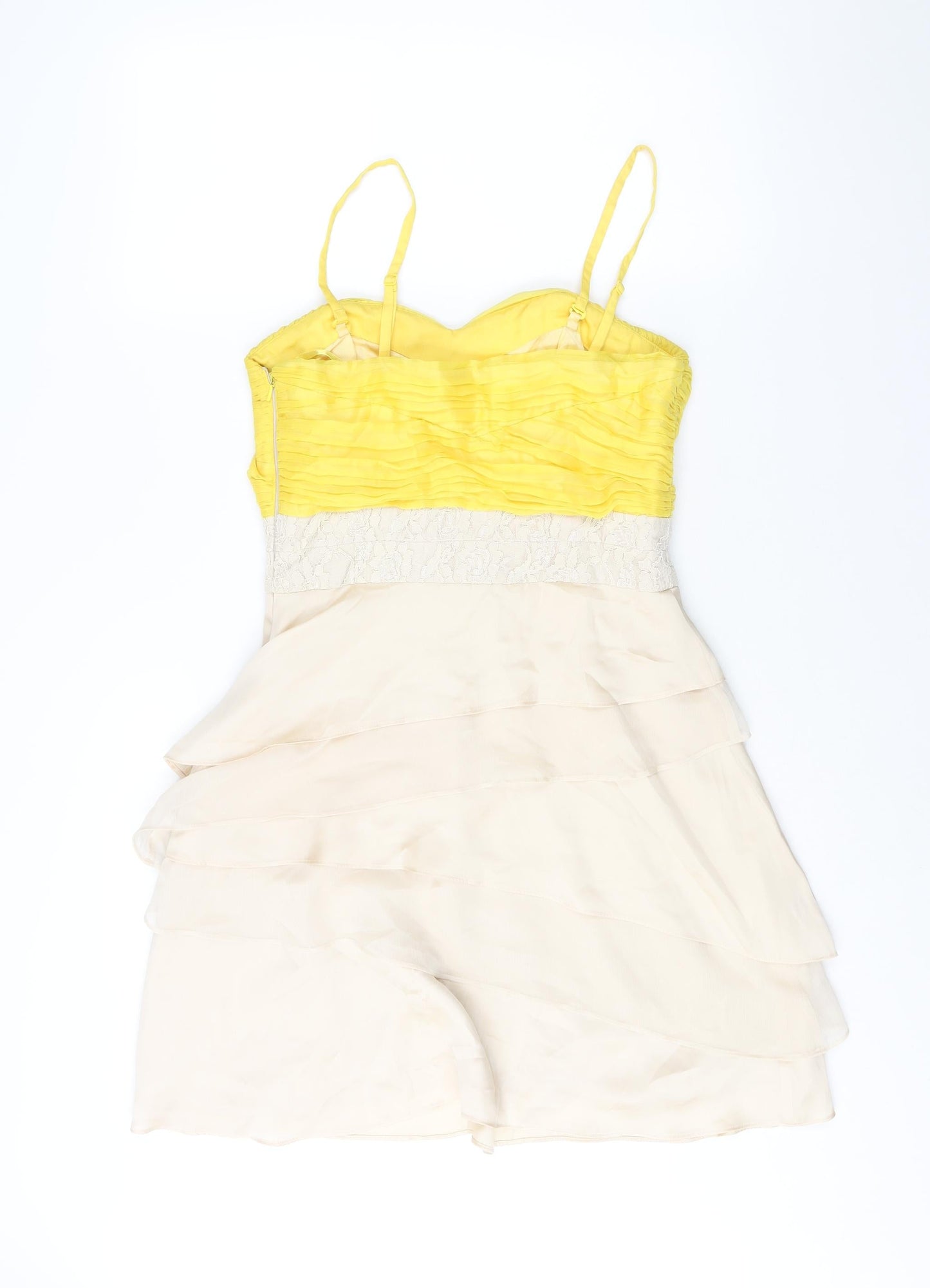 Coast Womens Beige Colourblock Polyester A-Line Size 12 Sweetheart Zip - Lace Detial Frill