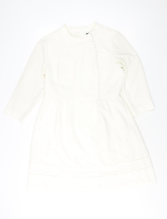 Oasis Womens White Polyester A-Line Size 16 Round Neck Zip - Button Detail